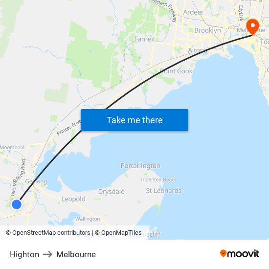 Highton to Melbourne map