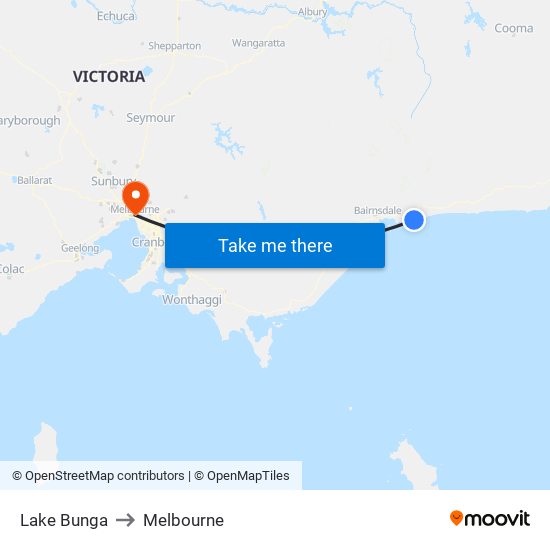 Lake Bunga to Melbourne map