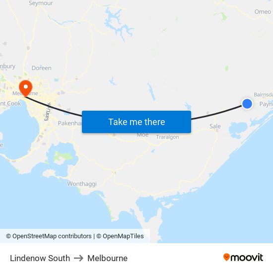 Lindenow South to Melbourne map