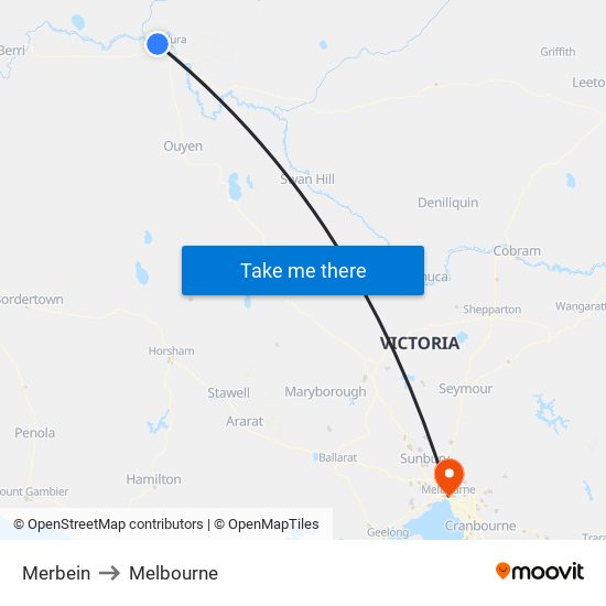 Merbein to Melbourne map