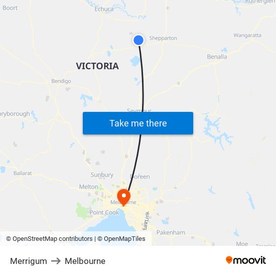 Merrigum to Melbourne map