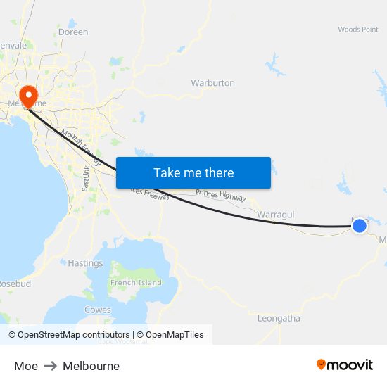 Moe to Melbourne map