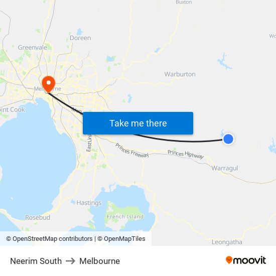 Neerim South to Melbourne map