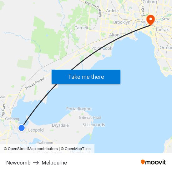 Newcomb to Melbourne map