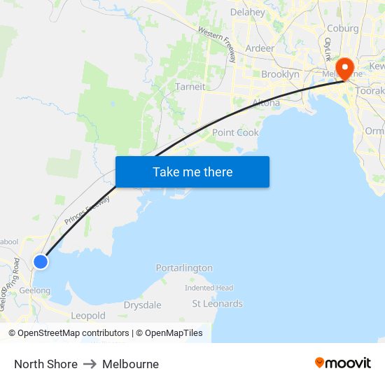 North Shore to Melbourne map