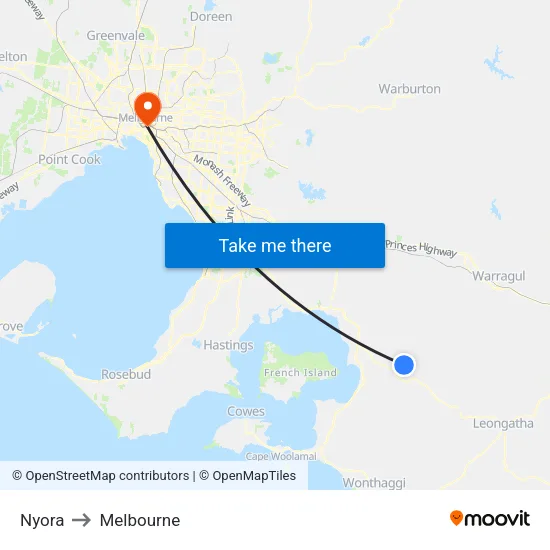 Nyora to Melbourne map