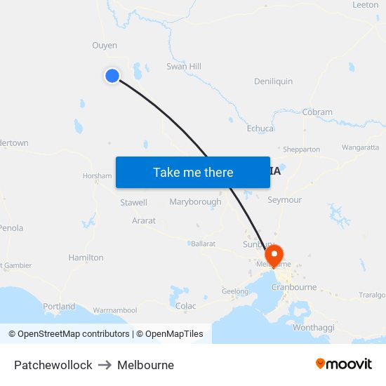 Patchewollock to Melbourne map