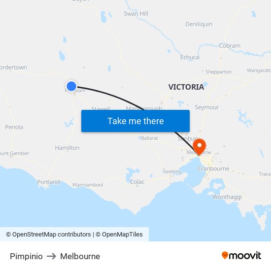 Pimpinio to Melbourne map