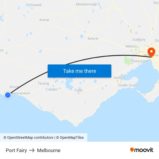 Port Fairy to Melbourne map