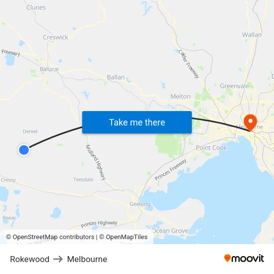 Rokewood to Melbourne map