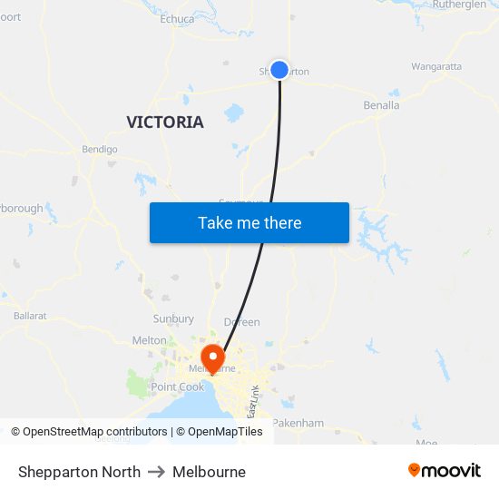 Shepparton North to Melbourne map