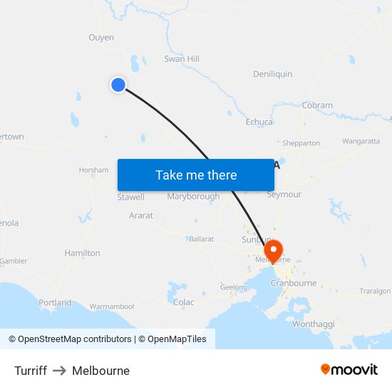 Turriff to Melbourne map