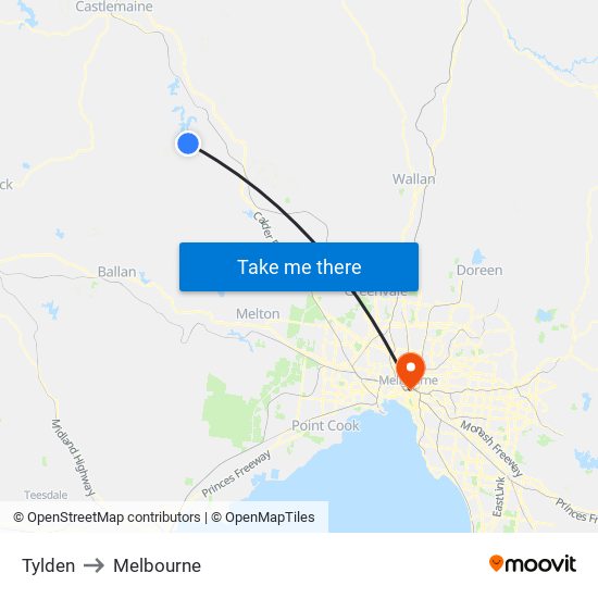 Tylden to Melbourne map