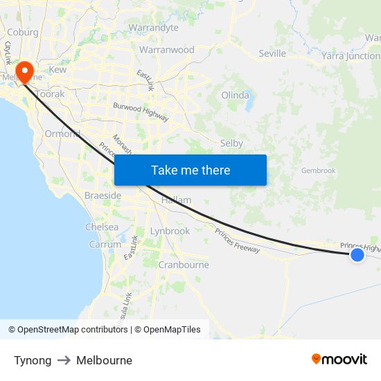 Tynong to Melbourne map