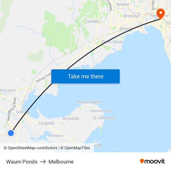 Waurn Ponds to Melbourne map