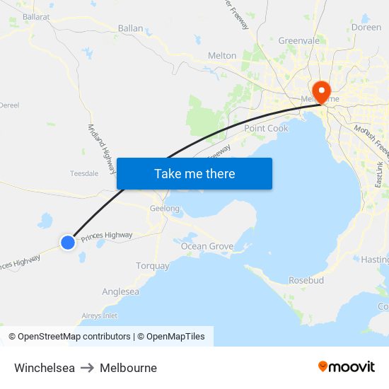 Winchelsea to Melbourne map
