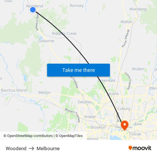 Woodend to Melbourne map