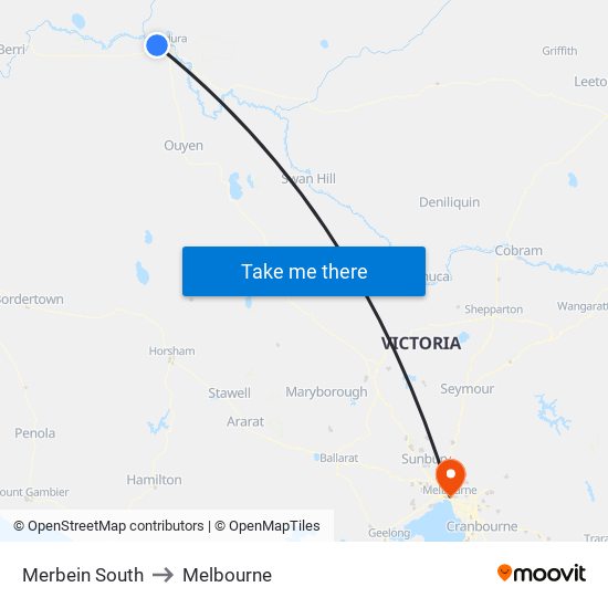Merbein South to Melbourne map