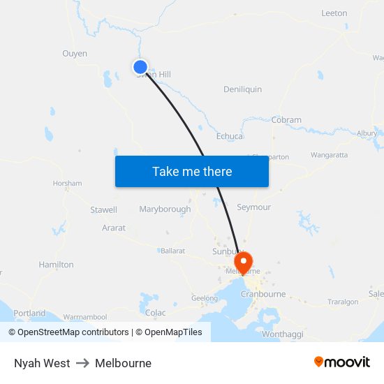 Nyah West to Melbourne map