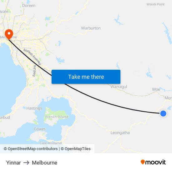 Yinnar to Melbourne map