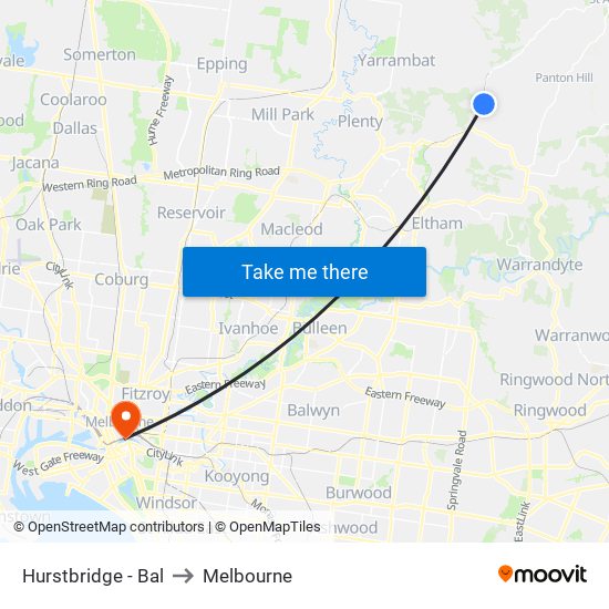 Hurstbridge - Bal to Melbourne map