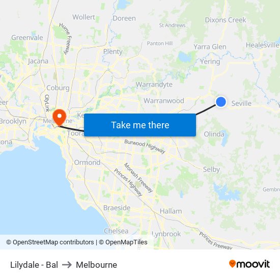 Lilydale - Bal to Melbourne map