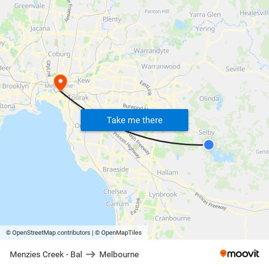 Menzies Creek - Bal to Melbourne map