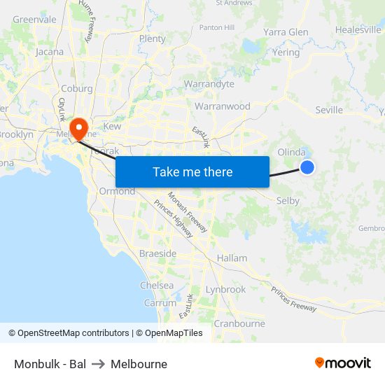 Monbulk - Bal to Melbourne map