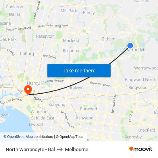 North Warrandyte - Bal to Melbourne map