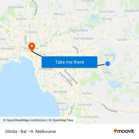 Olinda - Bal to Melbourne map