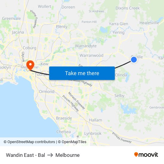 Wandin East - Bal to Melbourne map