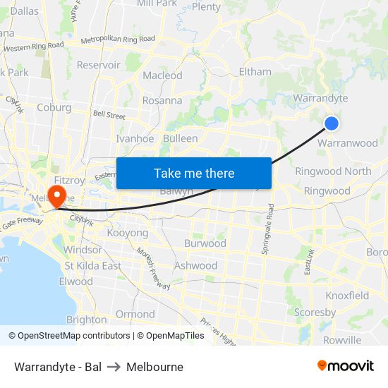 Warrandyte - Bal to Melbourne map