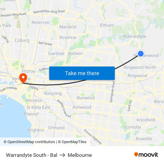 Warrandyte South - Bal to Melbourne map