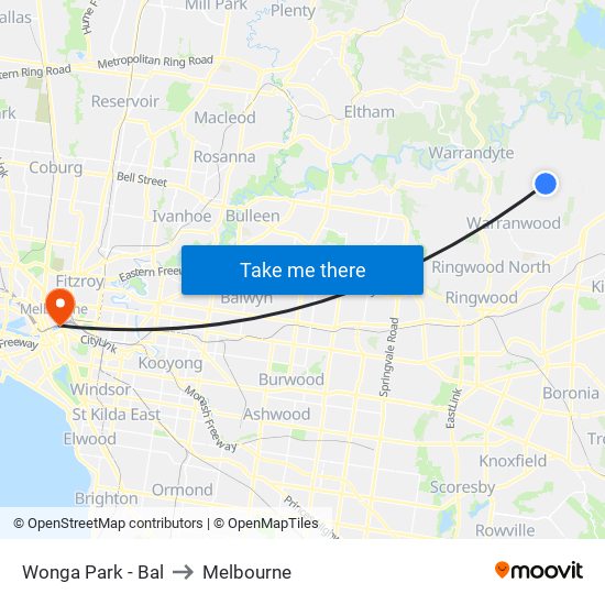 Wonga Park - Bal to Melbourne map