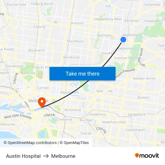 Austin Hospital to Melbourne map