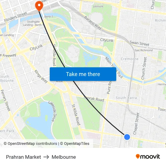 Prahran Market to Melbourne map