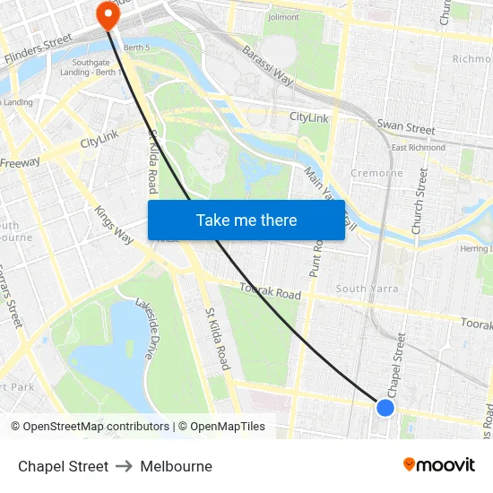 Chapel Street to Melbourne map