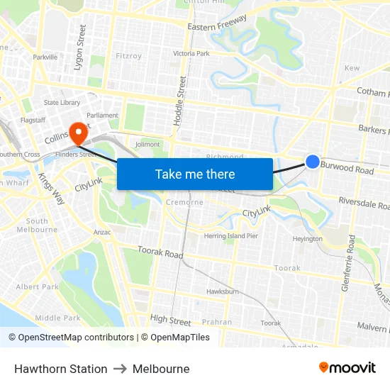 Hawthorn Station to Melbourne map