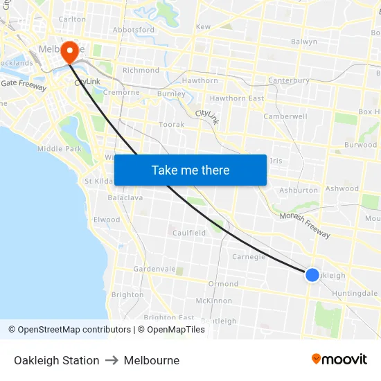 Oakleigh Station to Melbourne map