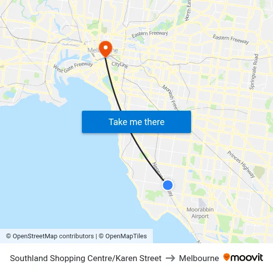 Southland Shopping Centre/Karen Street to Melbourne map