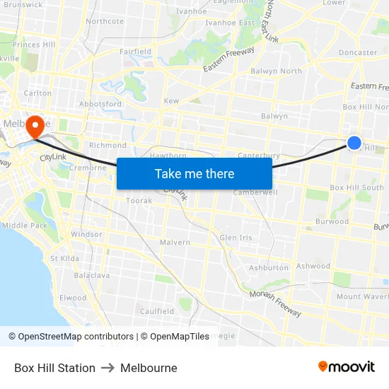 Box Hill Station to Melbourne map