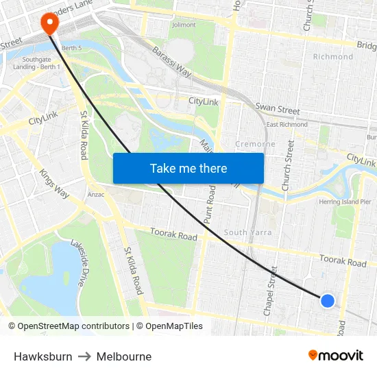 Hawksburn to Melbourne map