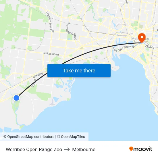 Werribee Open Range Zoo to Melbourne map