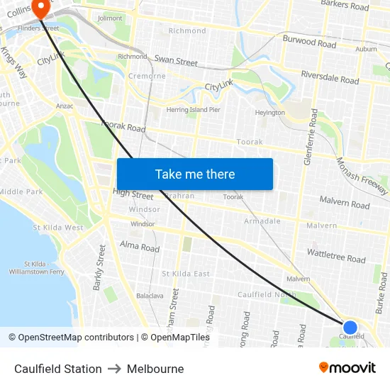 Caulfield Station to Melbourne map