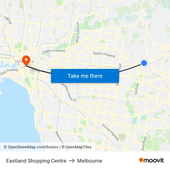 Eastland Shopping Centre to Melbourne map