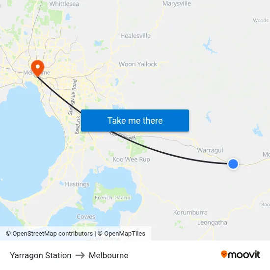 Yarragon Station to Melbourne map