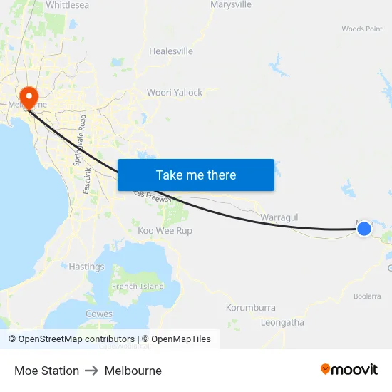 Moe Station to Melbourne map