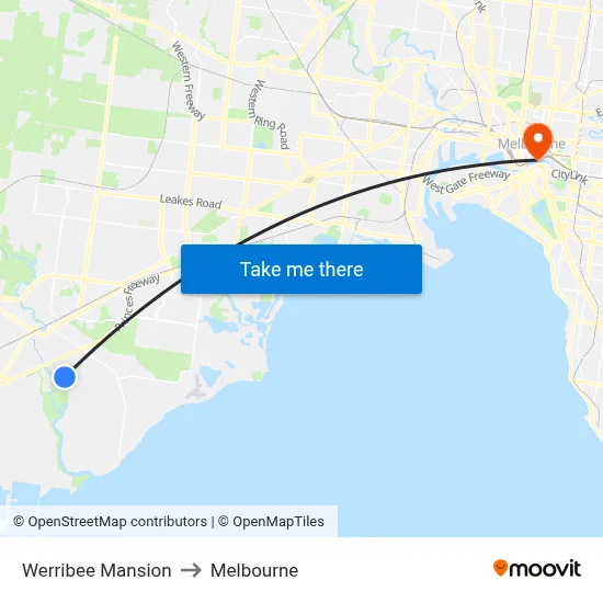 Werribee Mansion to Melbourne map