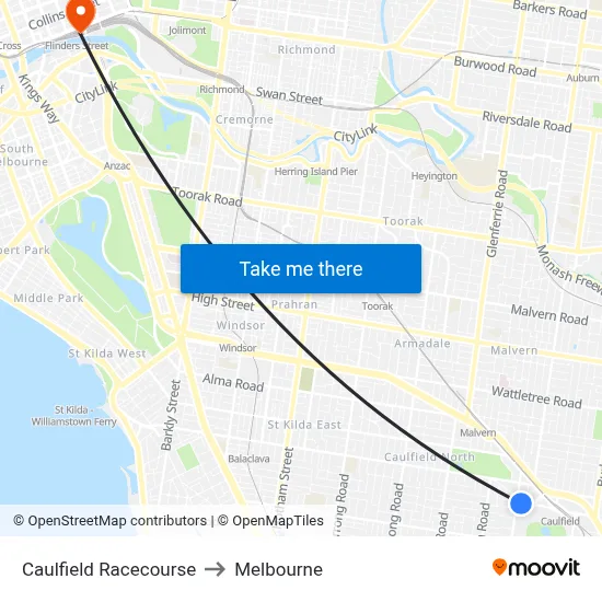 Caulfield Racecourse to Melbourne map