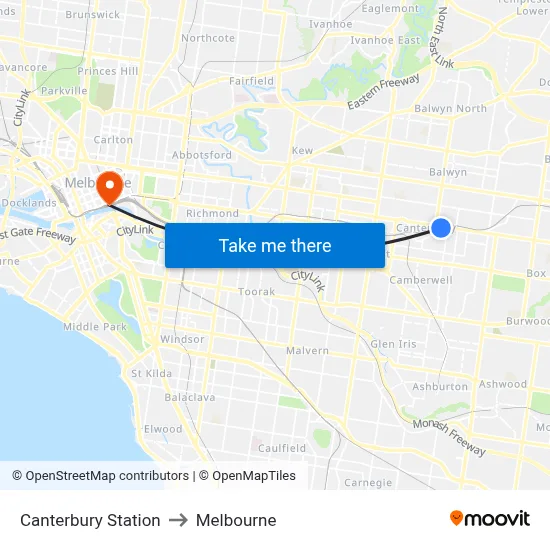 Canterbury Station to Melbourne map